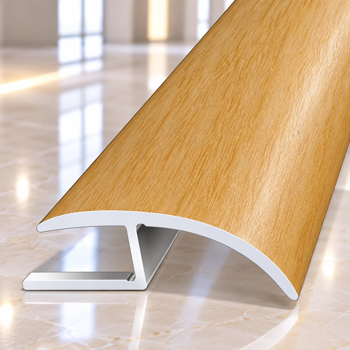 Wood grain aluminium floor joining strip designed to cover expansion gaps and provide a clean decorative finish between adjoining floor coverings.