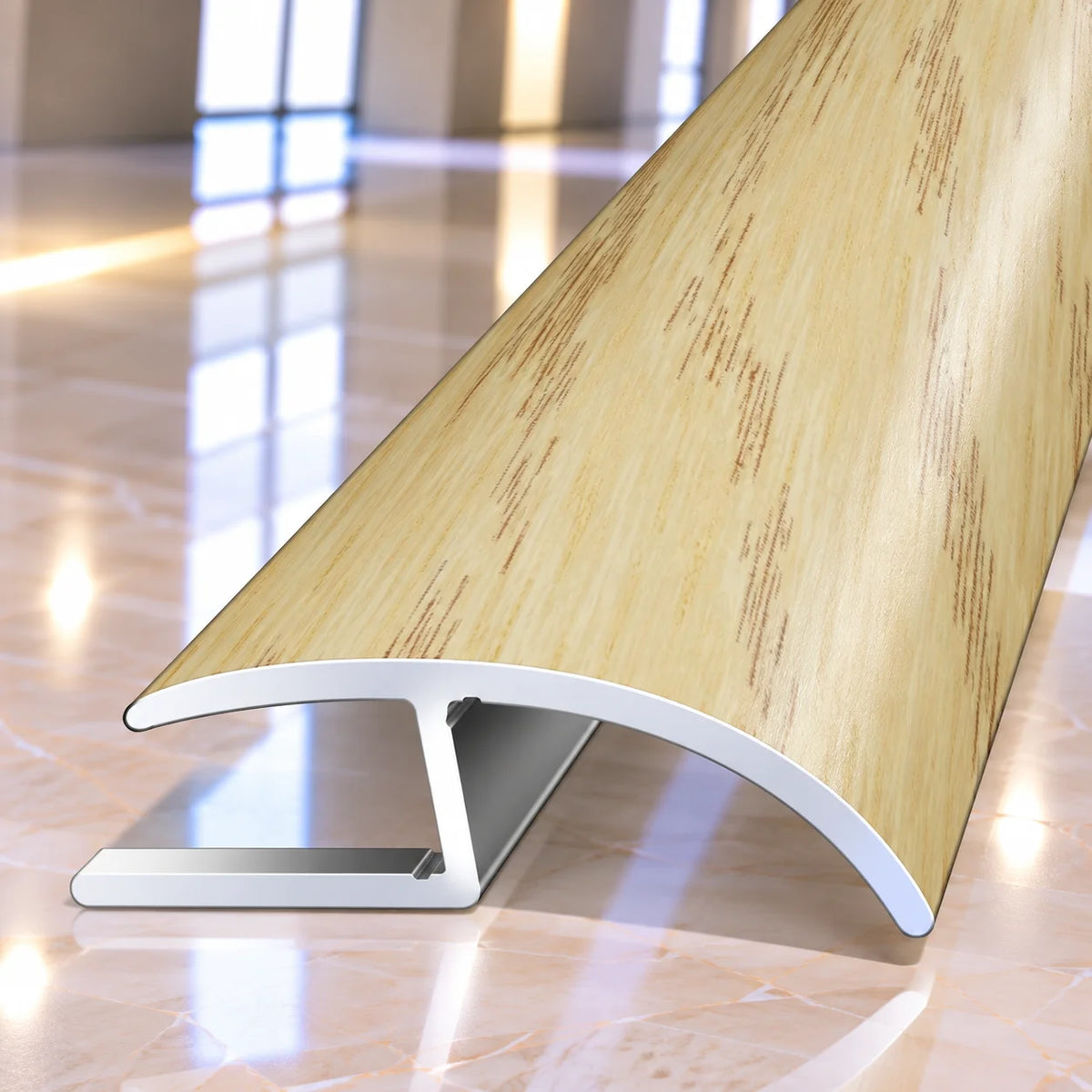 Wood grain aluminium floor joining strip designed to cover expansion gaps and provide a clean decorative finish between adjoining floor coverings.