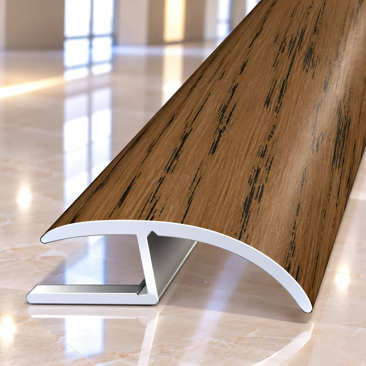 Heavy-duty 40mm wood effect aluminium transition profile combining durable metal construction with an attractive natural timber appearance.