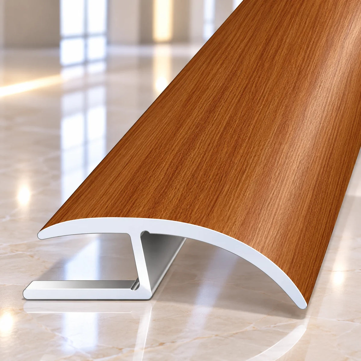 Heavy-duty 40mm wood effect aluminium transition profile combining durable metal construction with an attractive natural timber appearance.