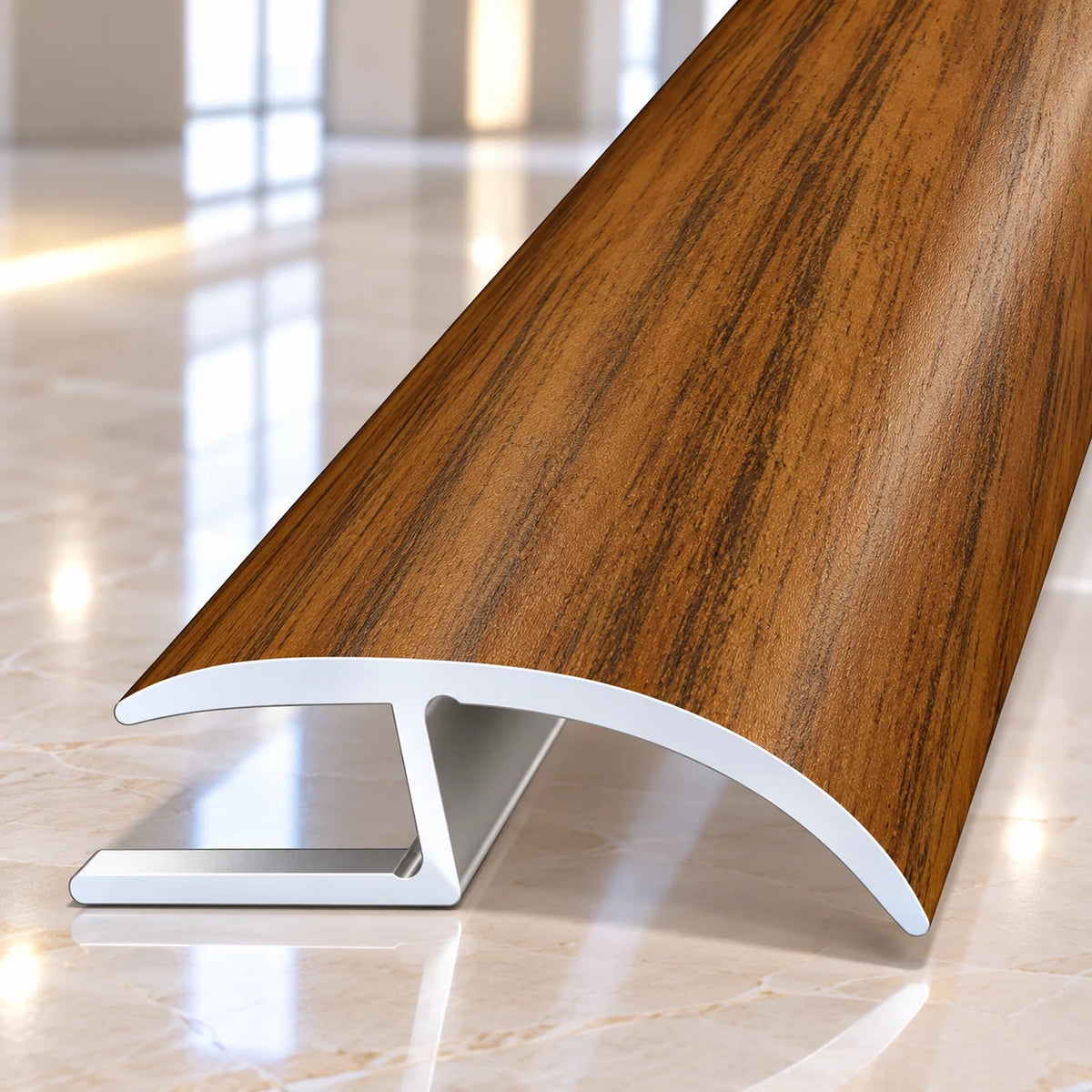 Side profile of 40mm wood effect aluminium floor threshold trim showing its protective edge design and realistic wood grain surface.