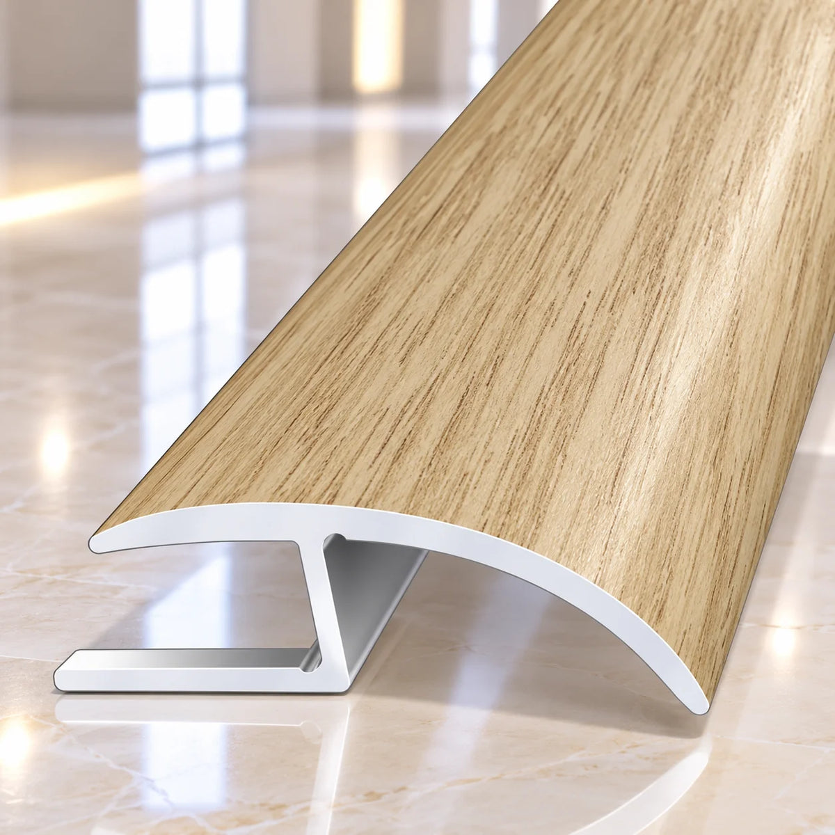 Close-up view of 40mm wood effect aluminium floor transition trim highlighting its realistic timber texture and decorative surface finish.