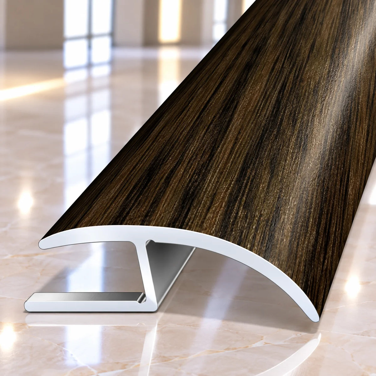 Close-up view of 40mm wood effect aluminium floor transition trim highlighting its realistic timber texture and decorative surface finish.
