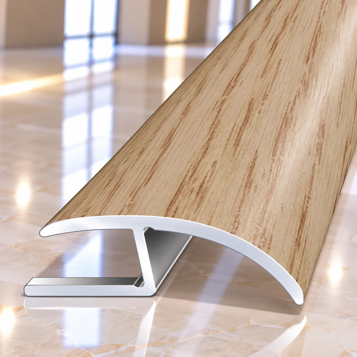 Side profile of 40mm wood effect aluminium floor threshold trim showing its protective edge design and realistic wood grain surface.
