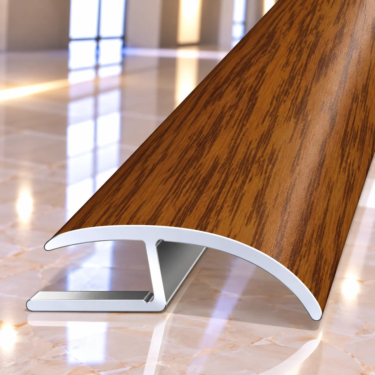 Close-up view of 40mm wood effect aluminium floor transition trim highlighting its realistic timber texture and decorative surface finish.