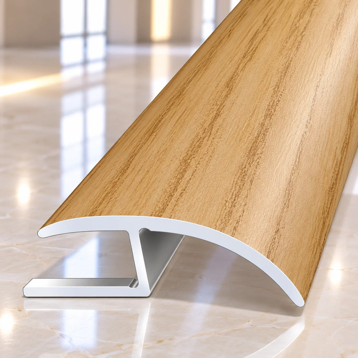 40mm wood effect aluminium floor transition profile designed to provide a smooth and professional finish between adjoining flooring surfaces.