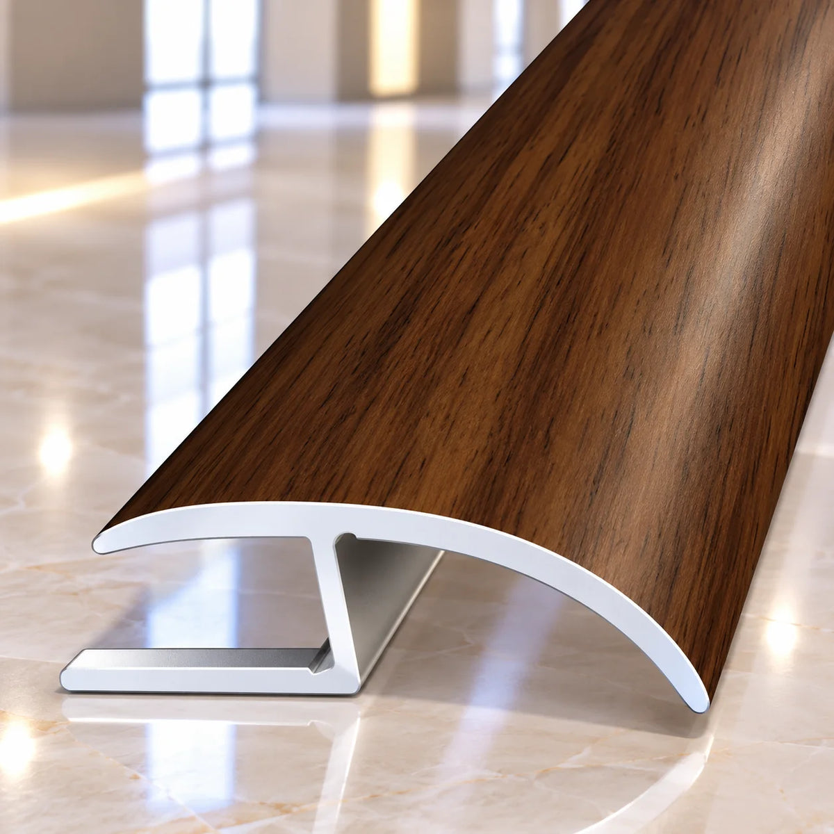 Premium 40mm aluminium floor transition strip featuring a realistic wood grain finish for seamless connections between laminate and wooden floors.