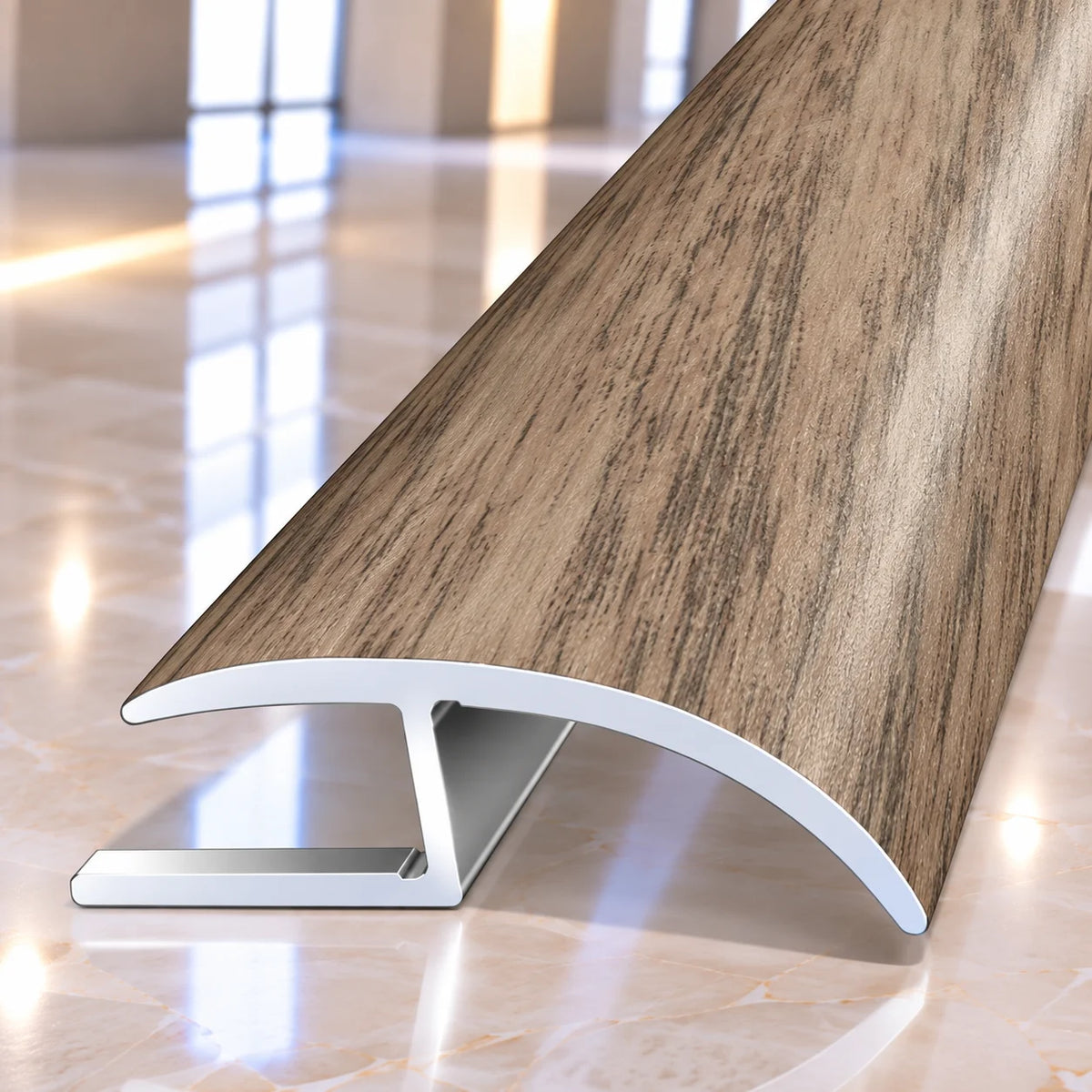 40mm wood effect aluminium floor transition profile designed to provide a smooth and professional finish between adjoining flooring surfaces.