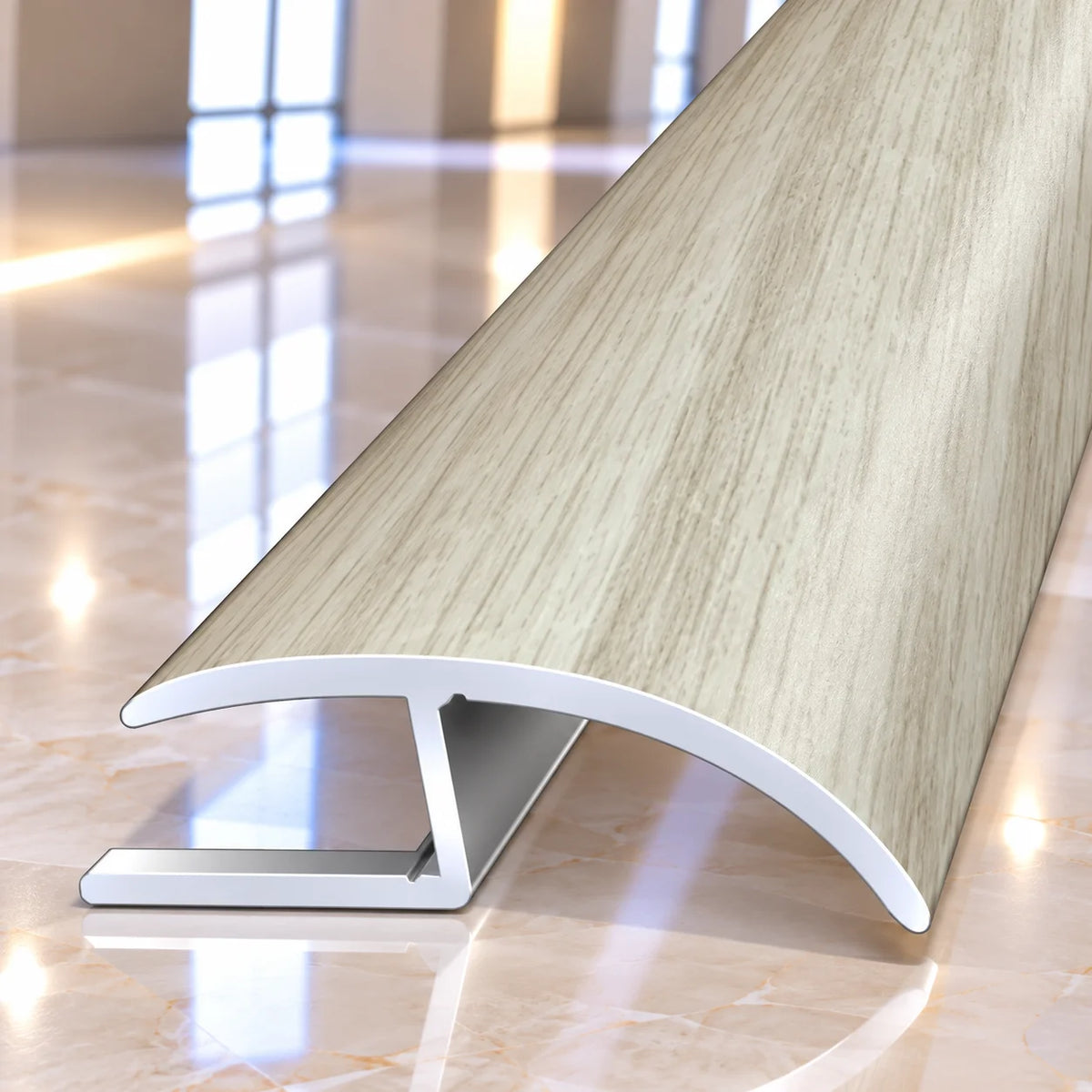 Premium 40mm aluminium floor transition strip featuring a realistic wood grain finish for seamless connections between laminate and wooden floors.