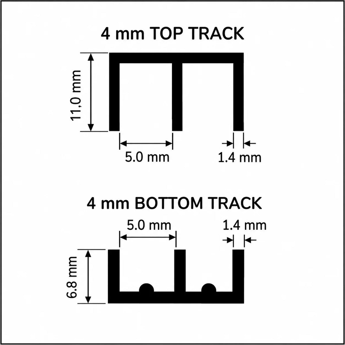 Vivarium Top & Bottom Glass Runners Double Track for 4mm & 6mm Diagram 4mm