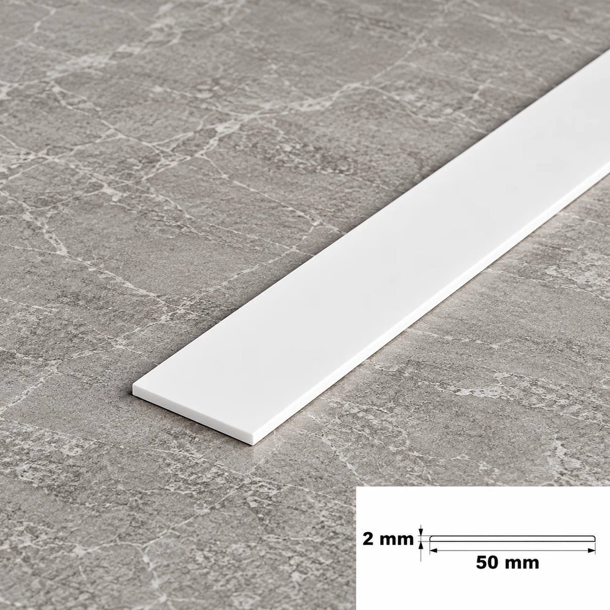 White PVC Plastic Bar Strip Roll Flat Architrave Trim Various Sizes In 50 X 2 MM