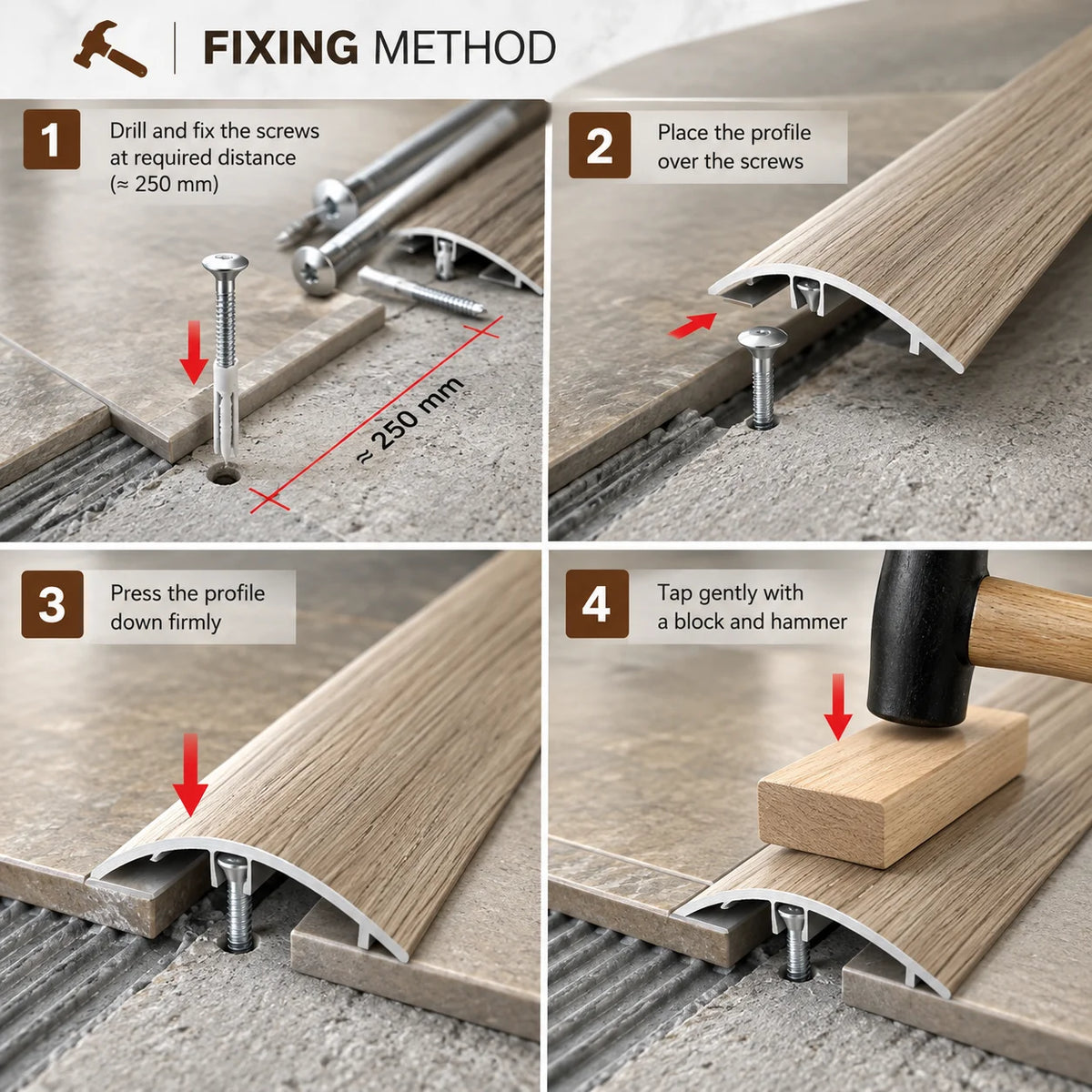 50mm Wood Effect Aluminium Adjustable Threshold Strip Fixing Method
