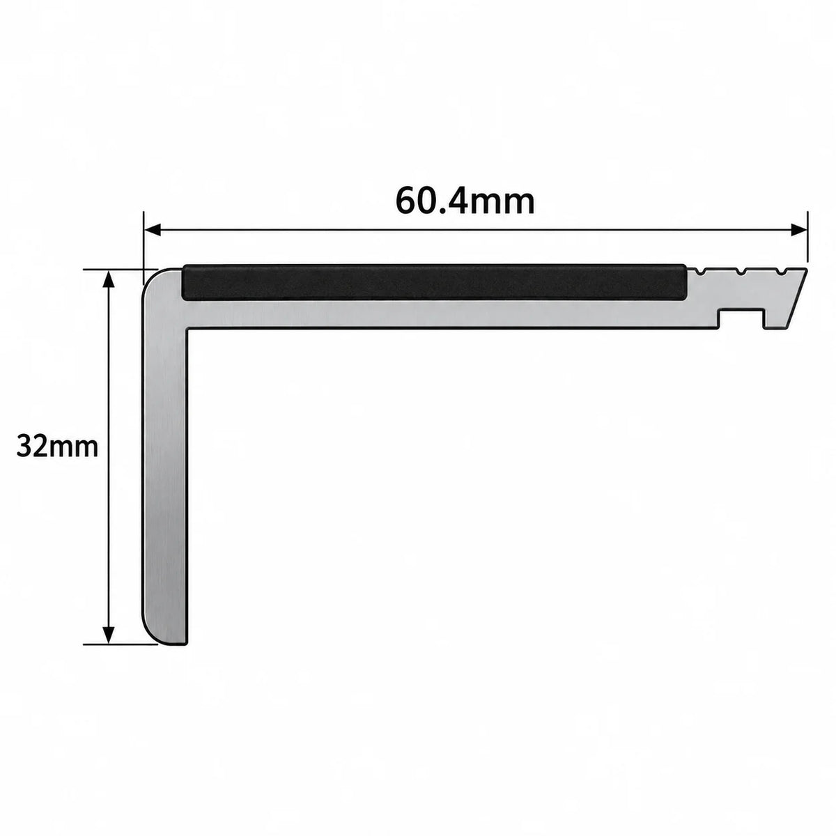 Heavy duty non-slip PVC stair edging profile with a 60.4mm horizontal tread and 32mm vertical riser for long-lasting stair protection.