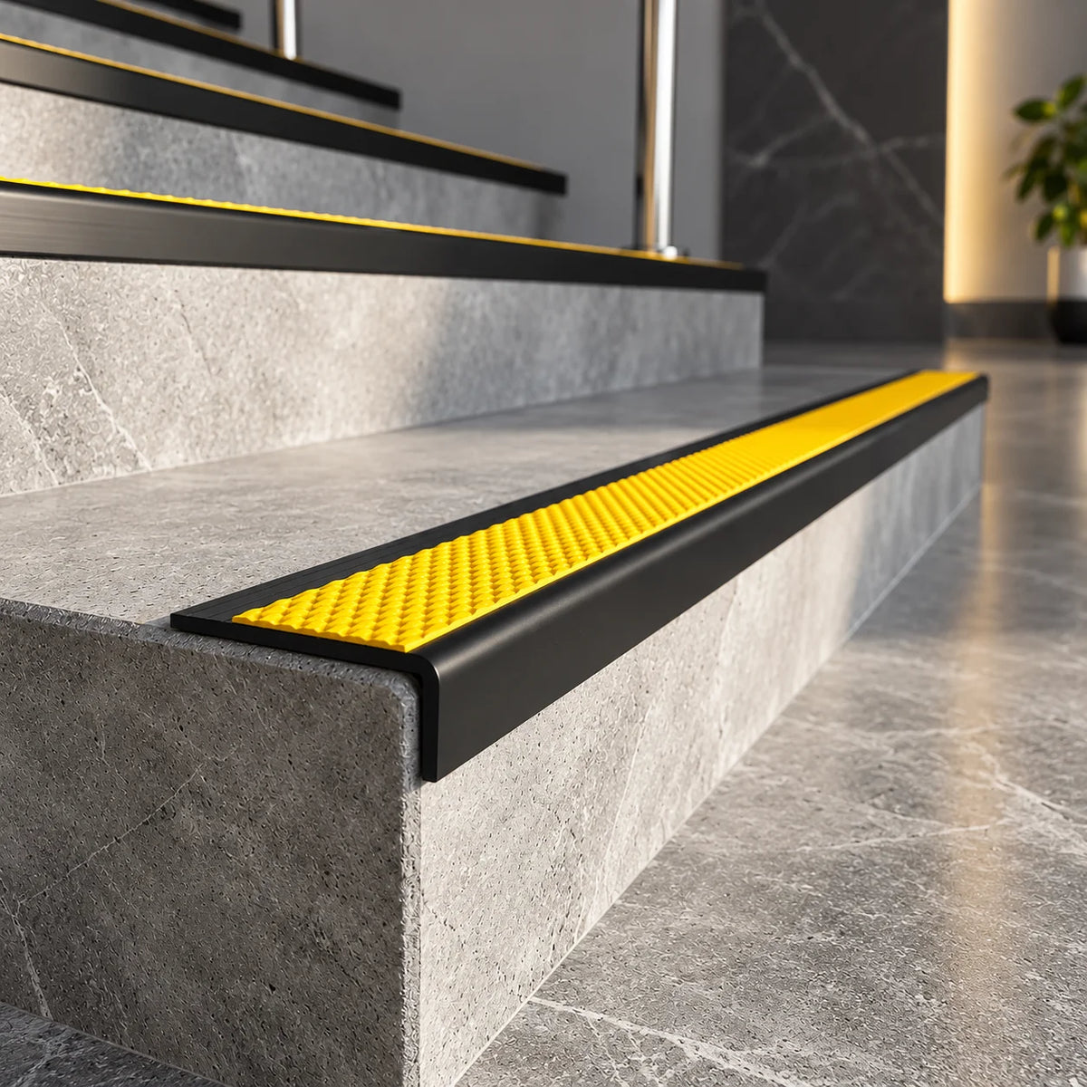 Commercial-grade 60.4 x 32mm Tredsafe PVC stair nosing designed to protect stair edges against everyday wear and provide reliable underfoot grip.
