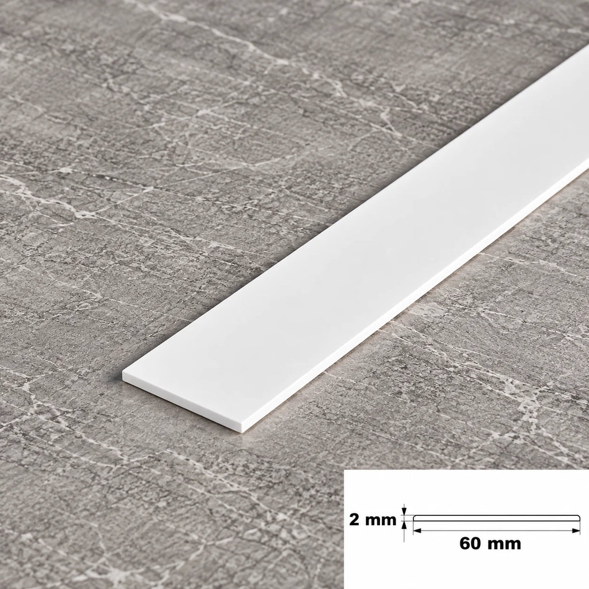 White PVC Plastic Bar Strip Roll Flat Architrave Trim Various Sizes In 60 X 2 MM
