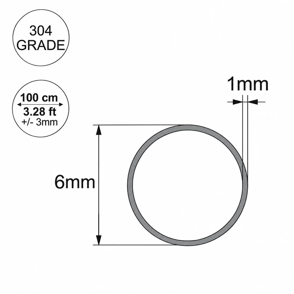 Grade 304 Stainless Steel Round Tube Pipe – 6mm to 40mm 6mm Diagram