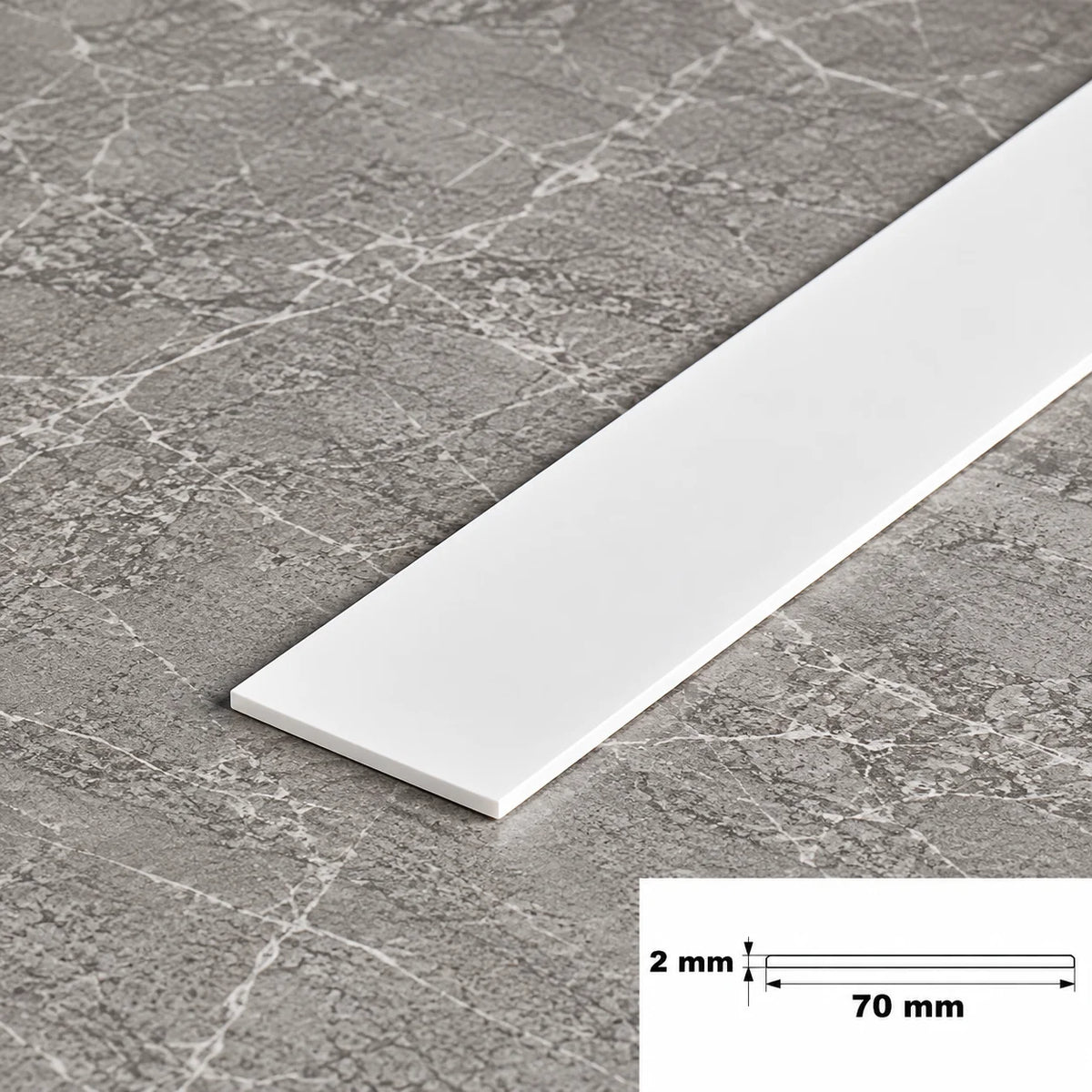 White PVC Plastic Bar Strip Roll Flat Architrave Trim Various Sizes In 70 X 2 MM