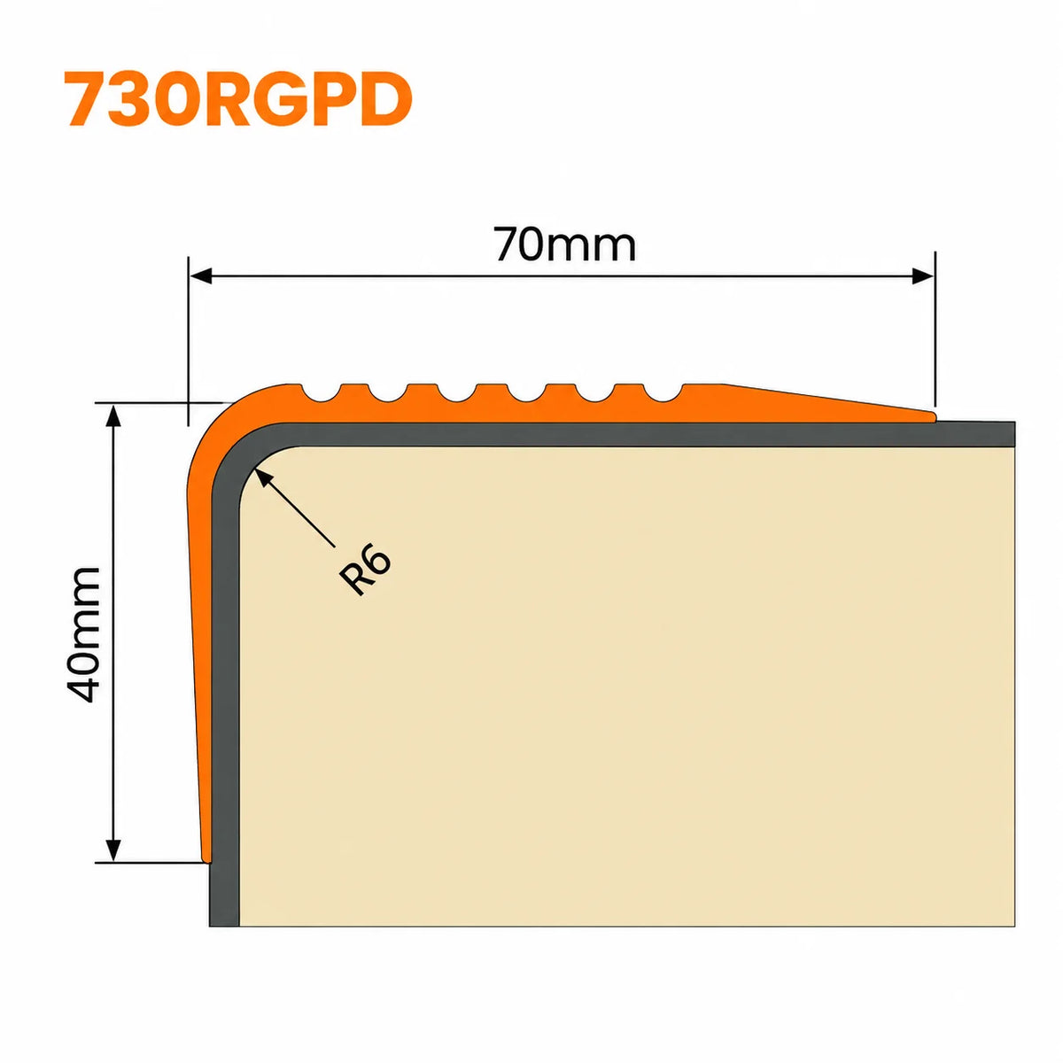 70x40mm PVC Non-Slip Stair Edge Nosing 730 featuring a flexible design suitable for finishing and protecting stair tread edges.