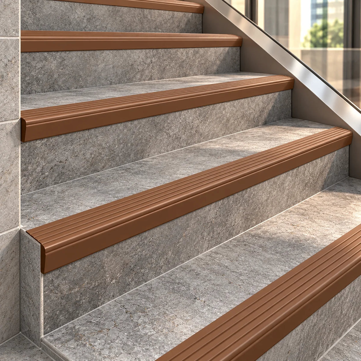 Heavy-duty 730-RGPD flexible PVC stair nosing designed for high-traffic staircases requiring effective slip resistance and long-lasting edge protection.