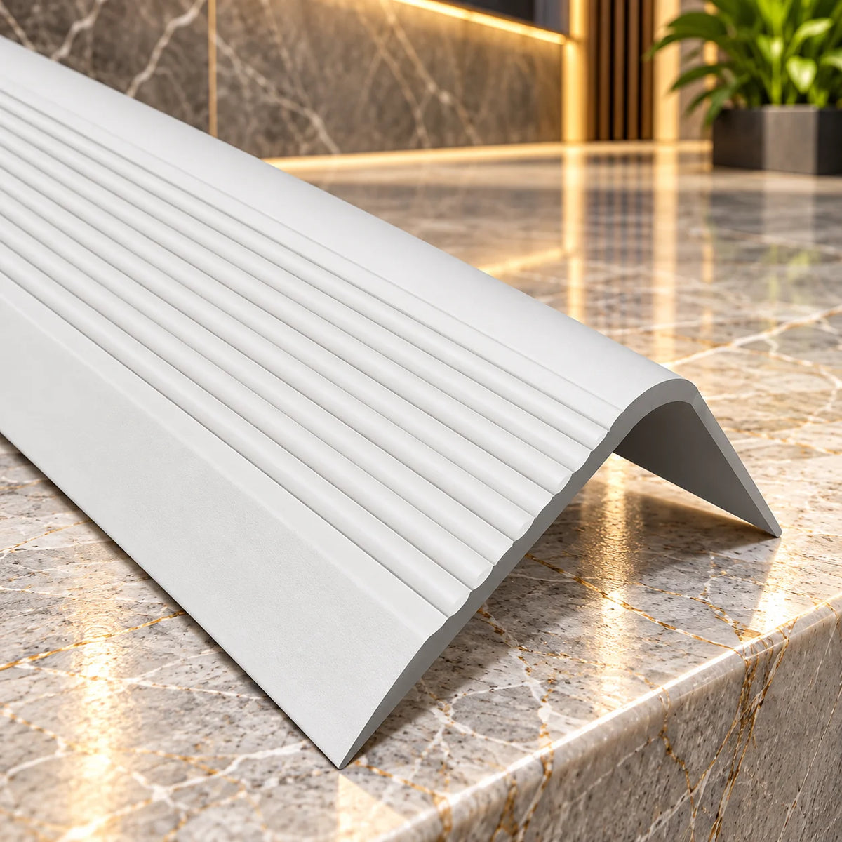 Flexible 730-RGPD PVC stair nosing featuring a wide 70mm anti-slip tread for improved underfoot traction on residential and commercial staircases.