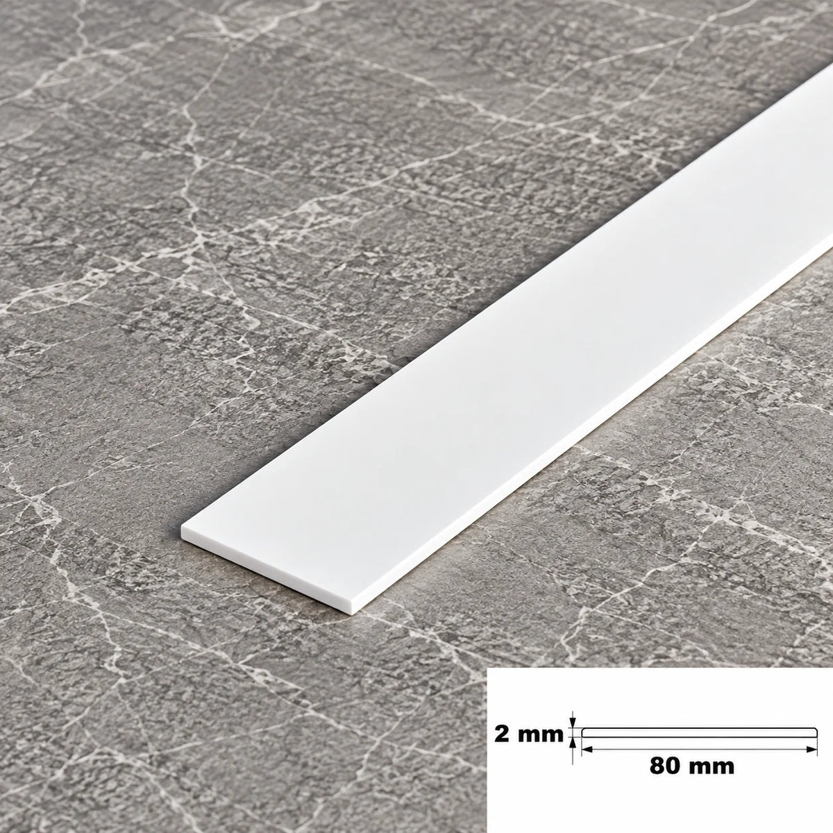 White PVC Plastic Bar Strip Roll Flat Architrave Trim Various Sizes In 80 X 2 MM