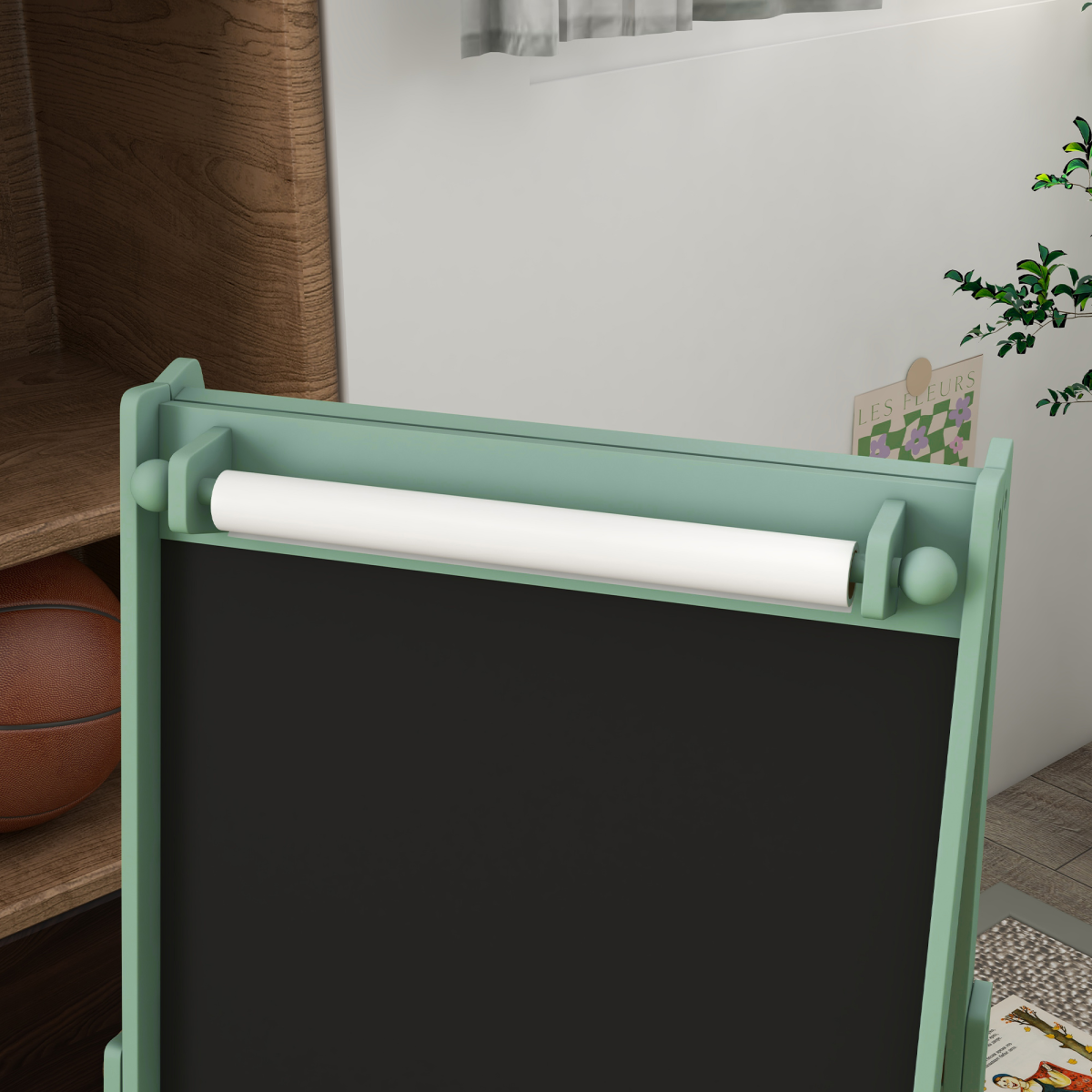 AIYAPLAY Kids Easel with Paper Roll, Blackboard, Whiteboard, Storage, Green