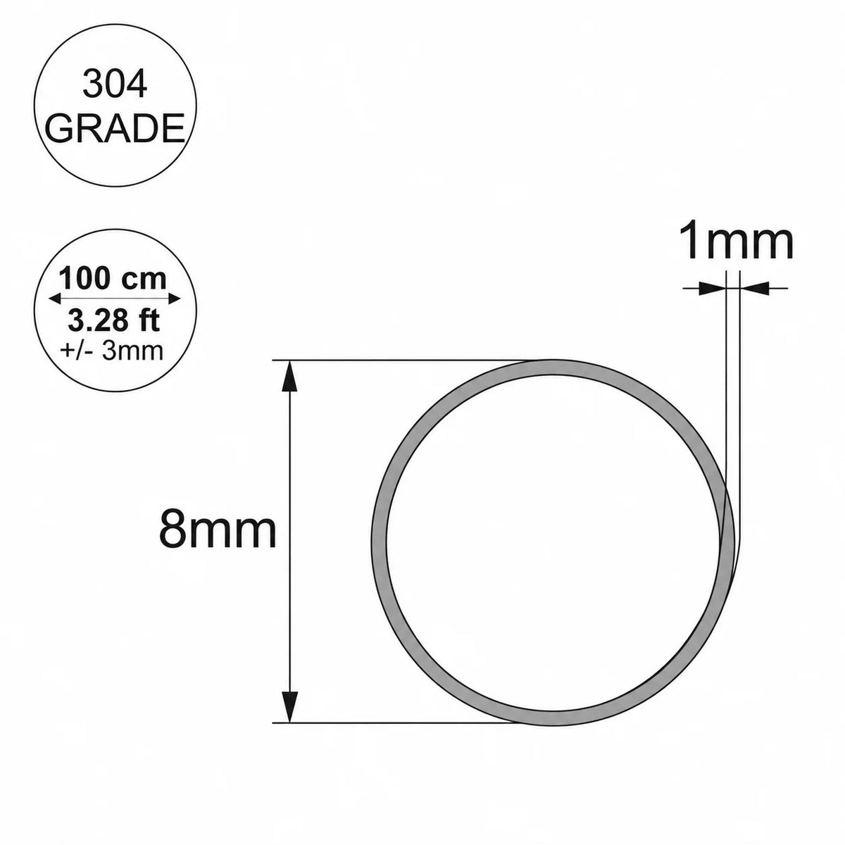 Grade 304 Stainless Steel Round Tube Pipe – 6mm to 40mm 8mm Diagram