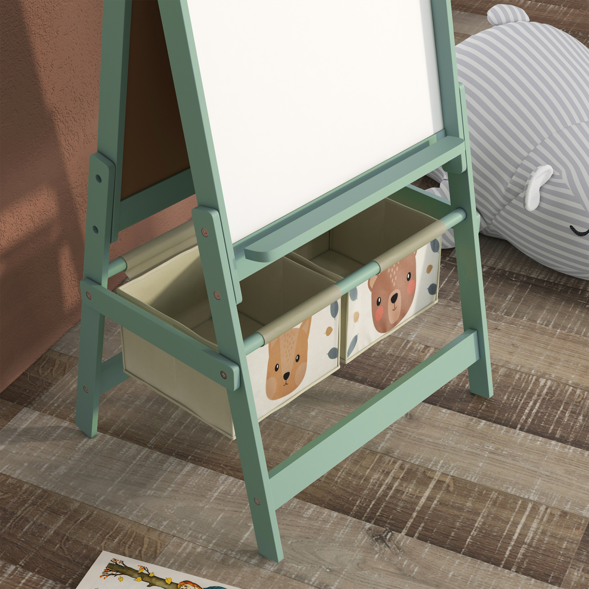 AIYAPLAY Kids Easel with Paper Roll, Blackboard, Whiteboard, Storage, Green