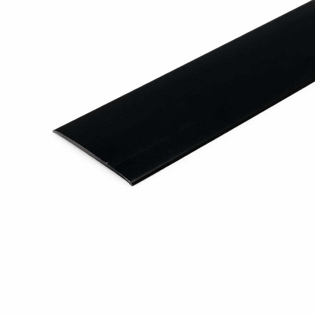 Black A08 35mm anodised aluminium flat threshold profile for covering floor joints at doorways.