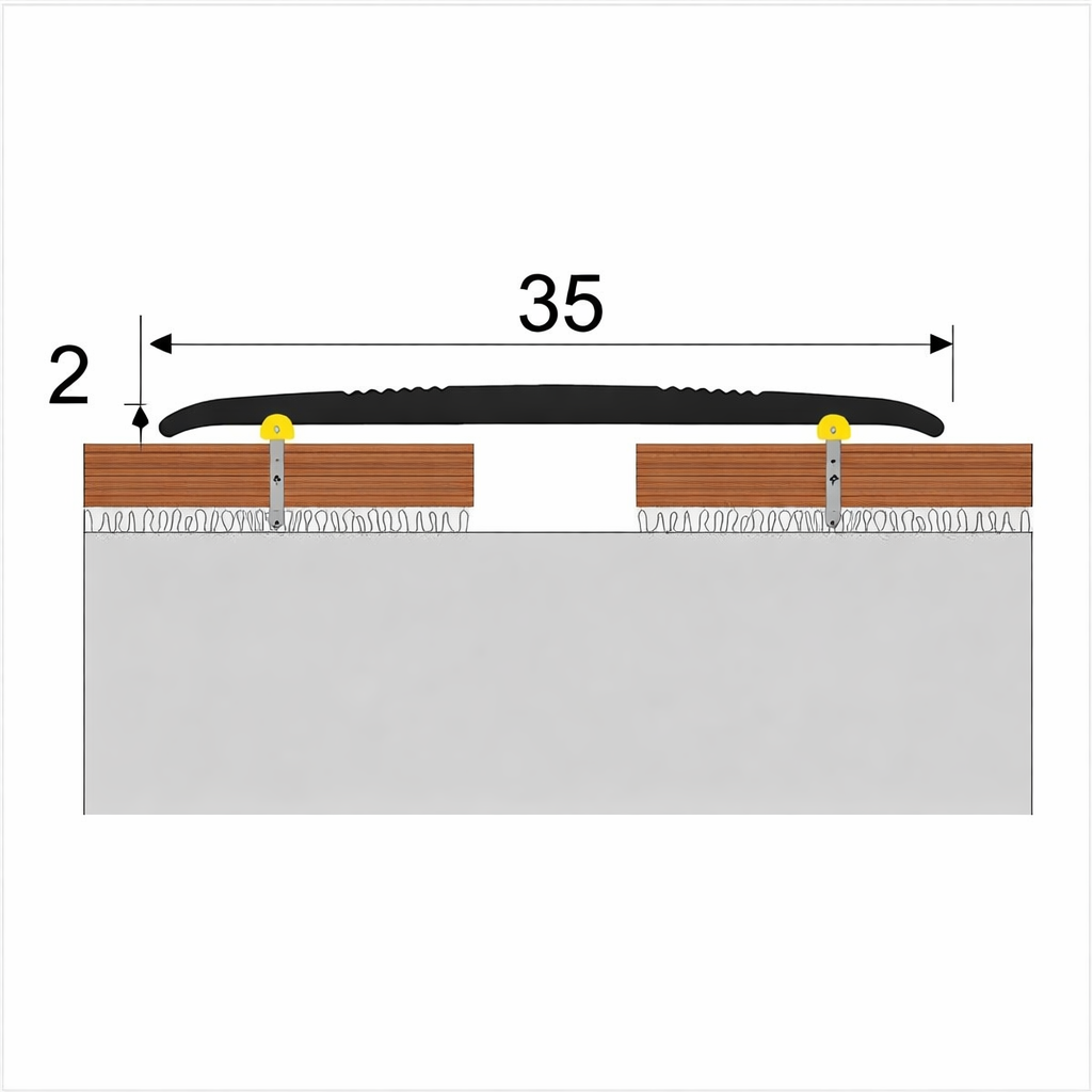 Usage of a 35mm flat anodised aluminium self-adhesive threshold strip creating a smooth transition between laminate and tiled flooring.