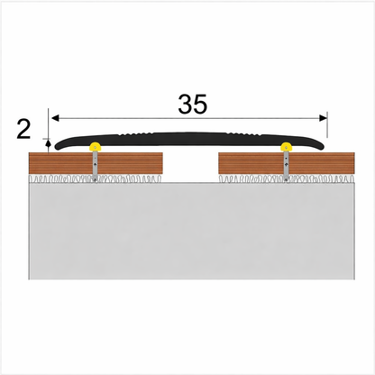 Usage of a 35mm flat anodised aluminium self-adhesive threshold strip creating a smooth transition between laminate and tiled flooring.