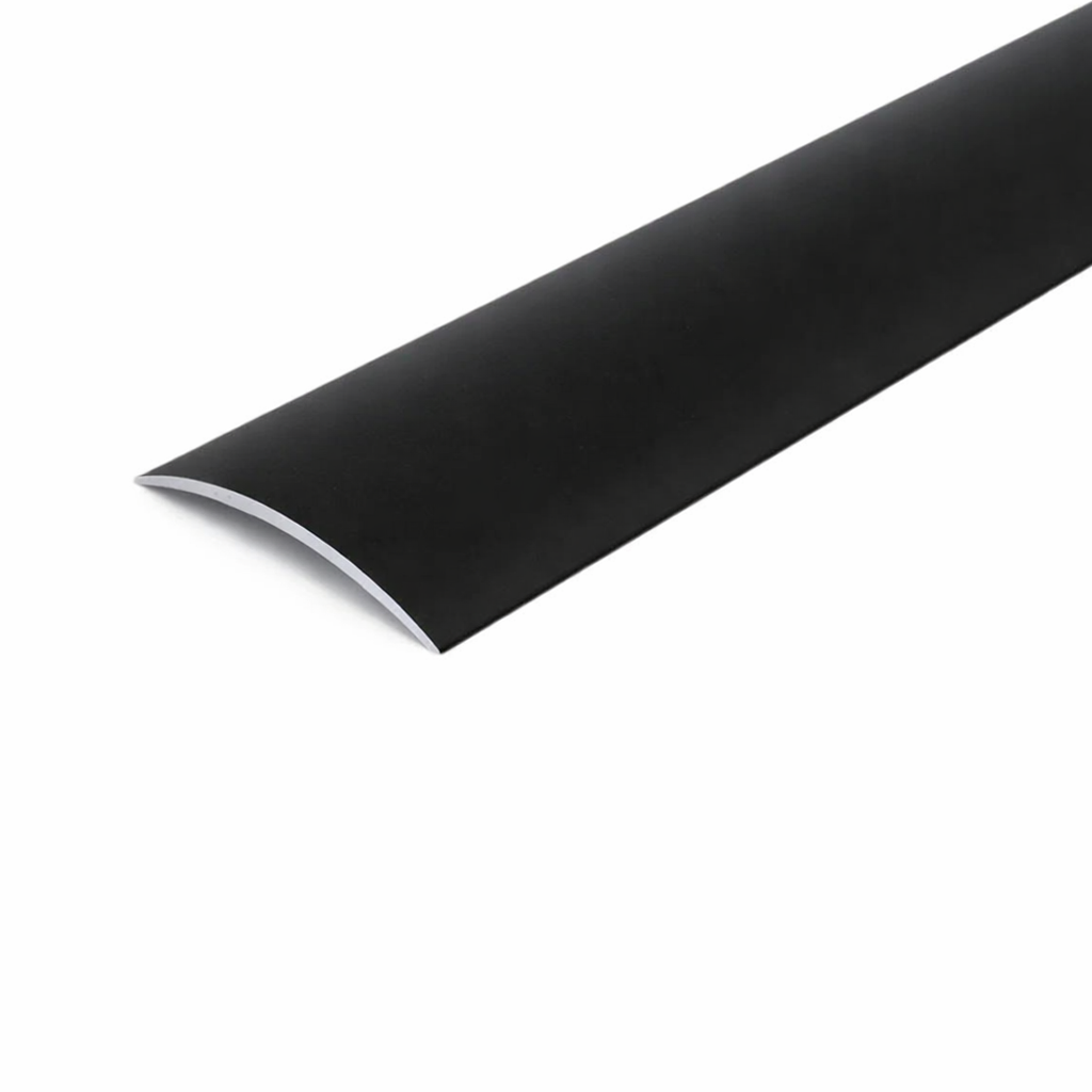 Black A13 40mm anodised aluminium self-adhesive door threshold strip with a flat profile for smooth floor transitions.