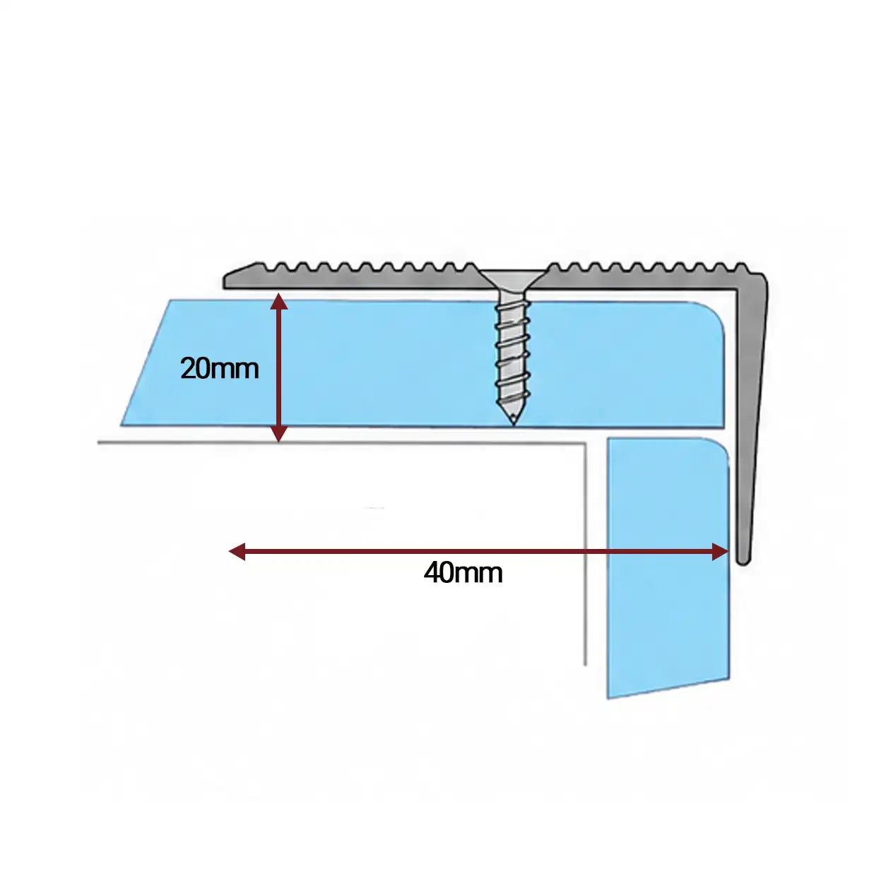 Aluminium Stair Nosing Anodised Grooved Anti-Slip 40x20m Dimention