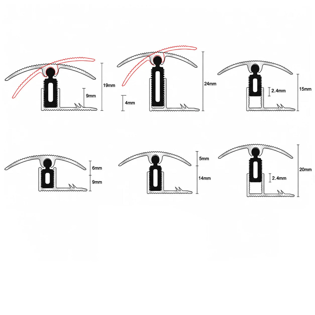 TTG 40mm Aluminium Door Threshold Strip Adjustable Height/Pivots Easy clip Carpet Diagram