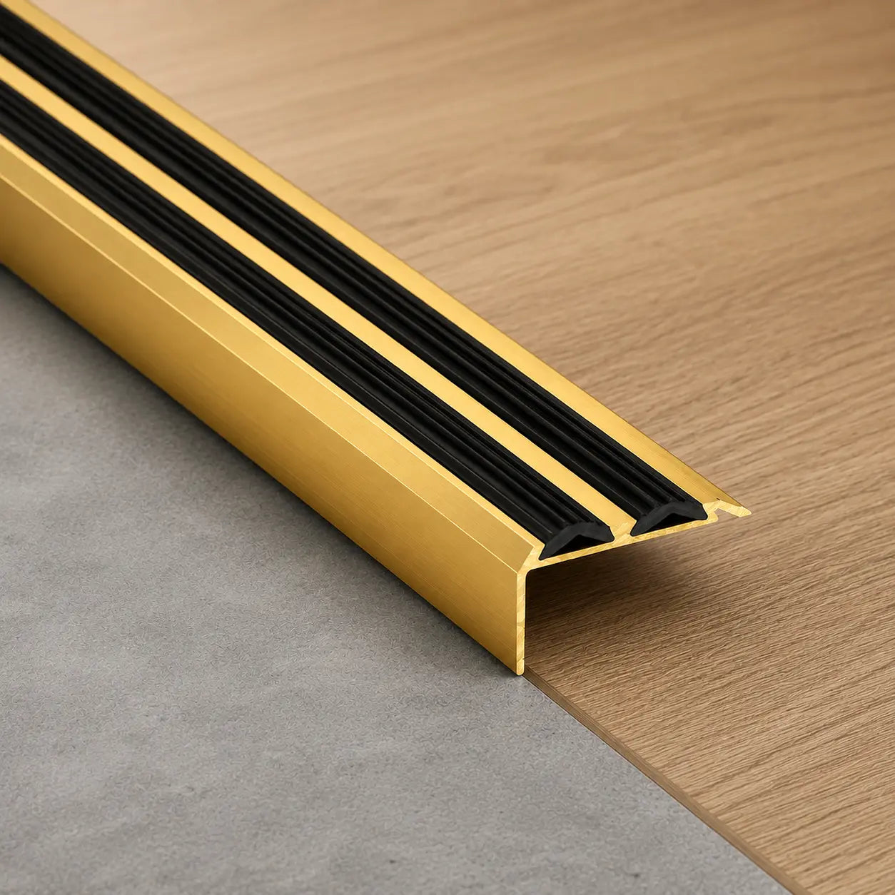 Aluminium Stair Nosing with Rubber Insert_Gold with black rubber insert
