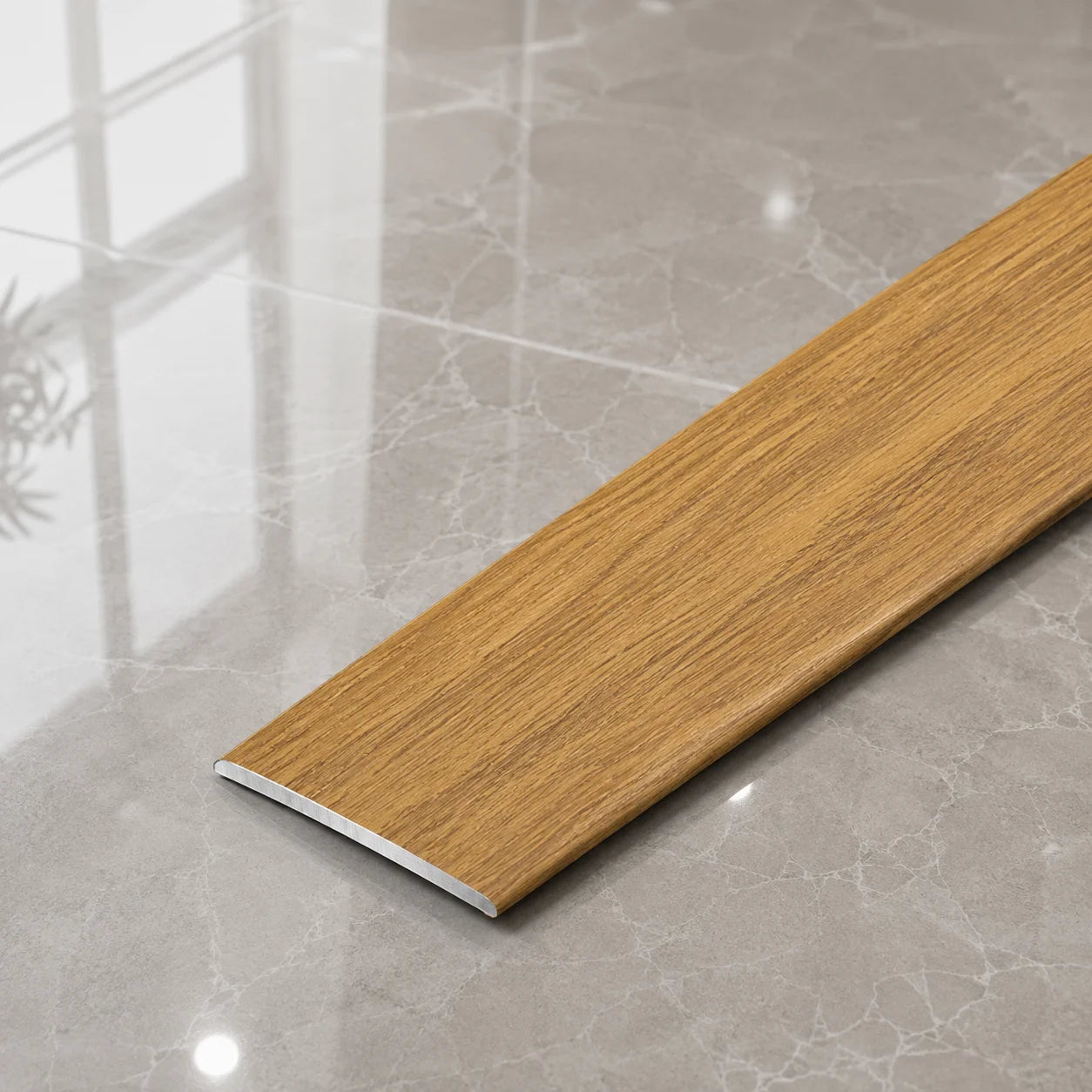 A08 35mm Aluminium Wood Effect Flat Self Adhesive Door Threshold Strip in Amber Oak Color