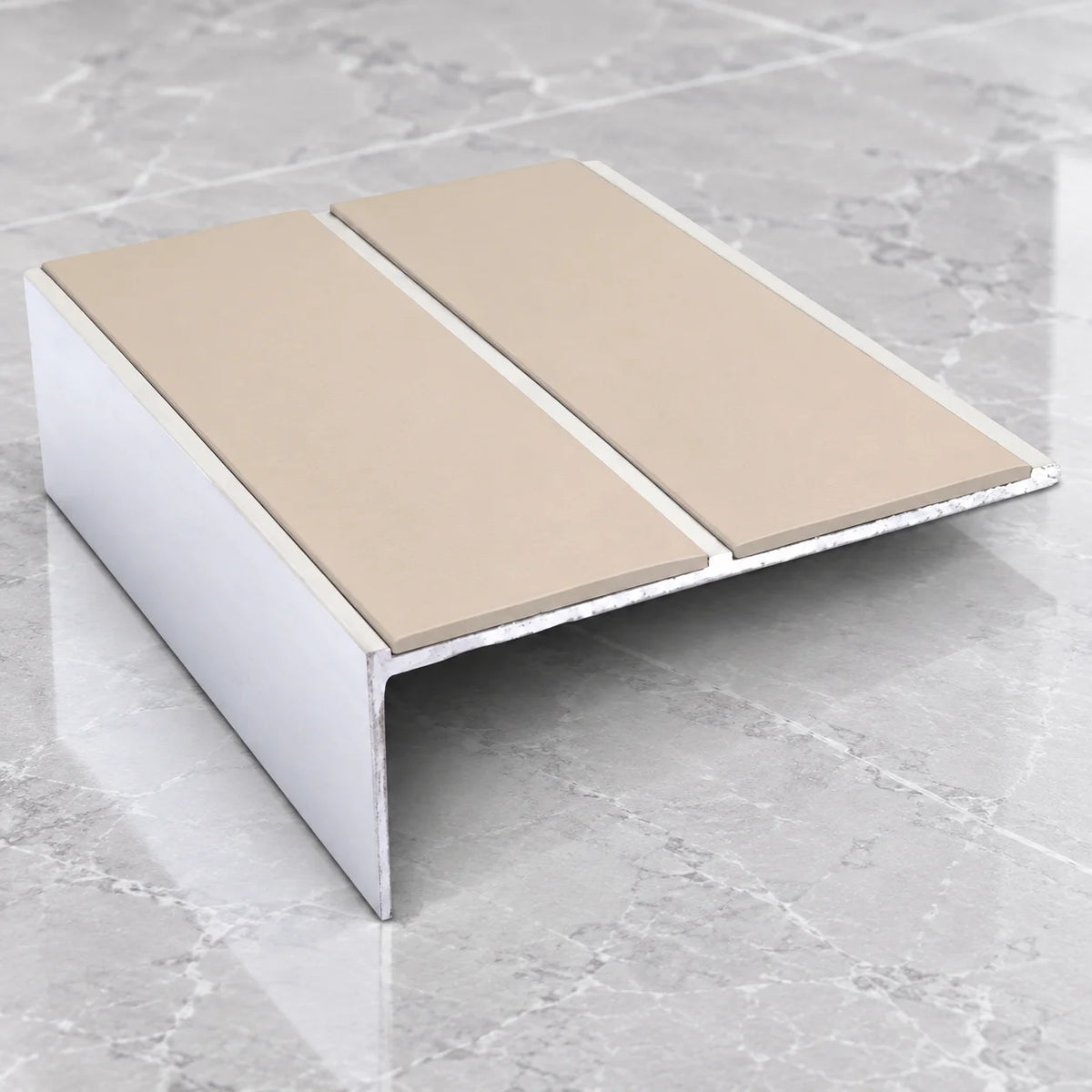 NSL09 85 x 32mm Aluminium Non Slip Stair Nosing with Dual PVC Inserts In Beige Color