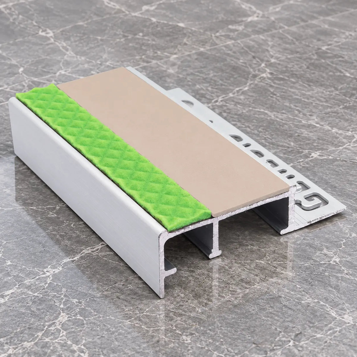 45x20mm Aluminium Tile-In Stair Nosing for 10–12.5mm Tiles In Beige Color