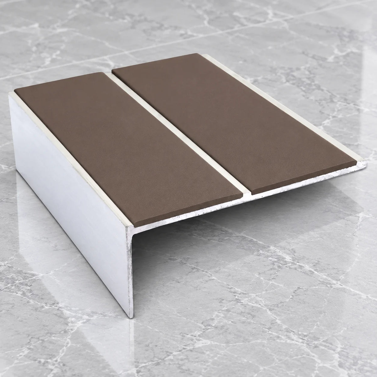 NSL09 85 x 32mm Aluminium Non Slip Stair Nosing with Dual PVC Inserts In Brown Color