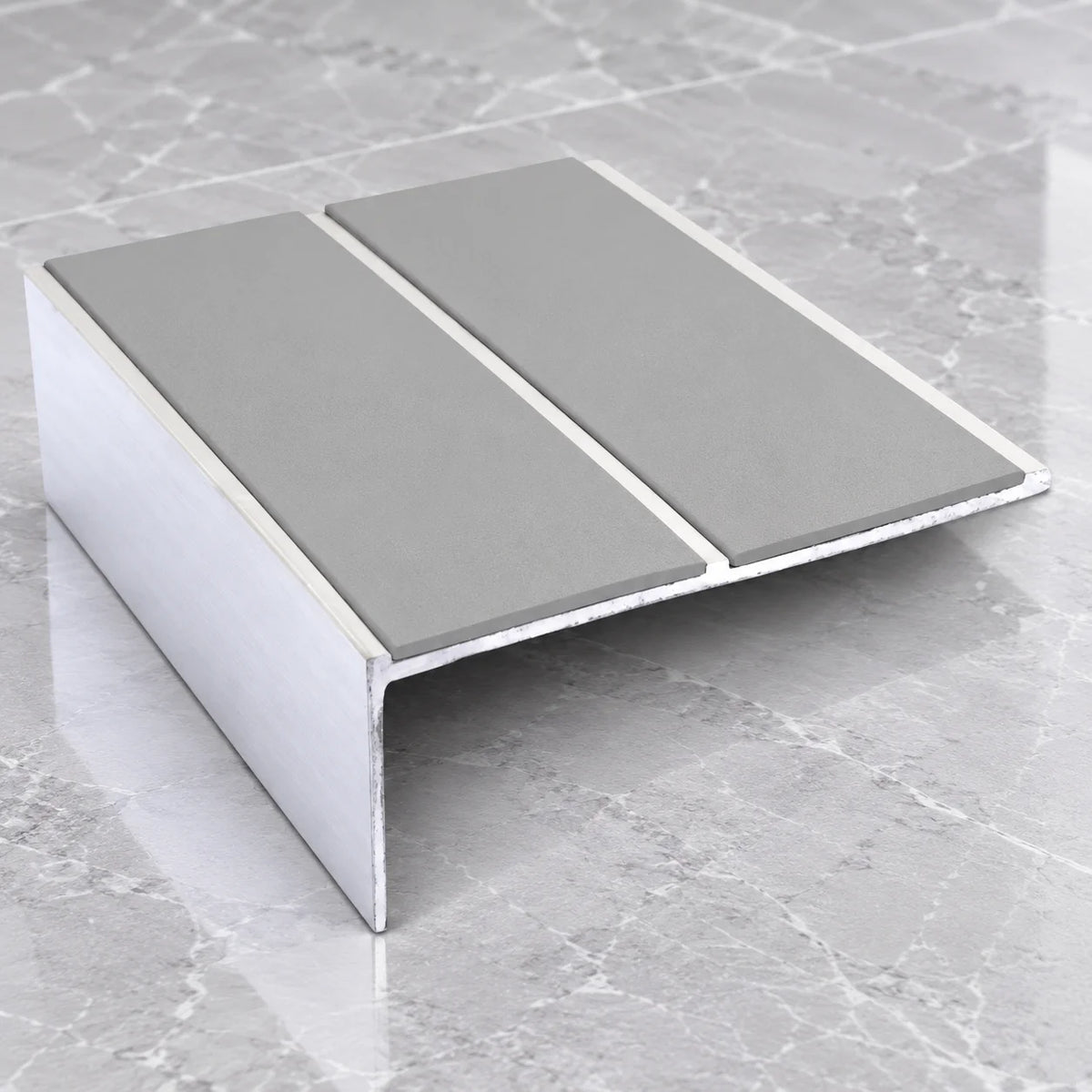 NSL09 85 x 32mm Aluminium Non Slip Stair Nosing with Dual PVC Inserts In Dolphin Grey Color