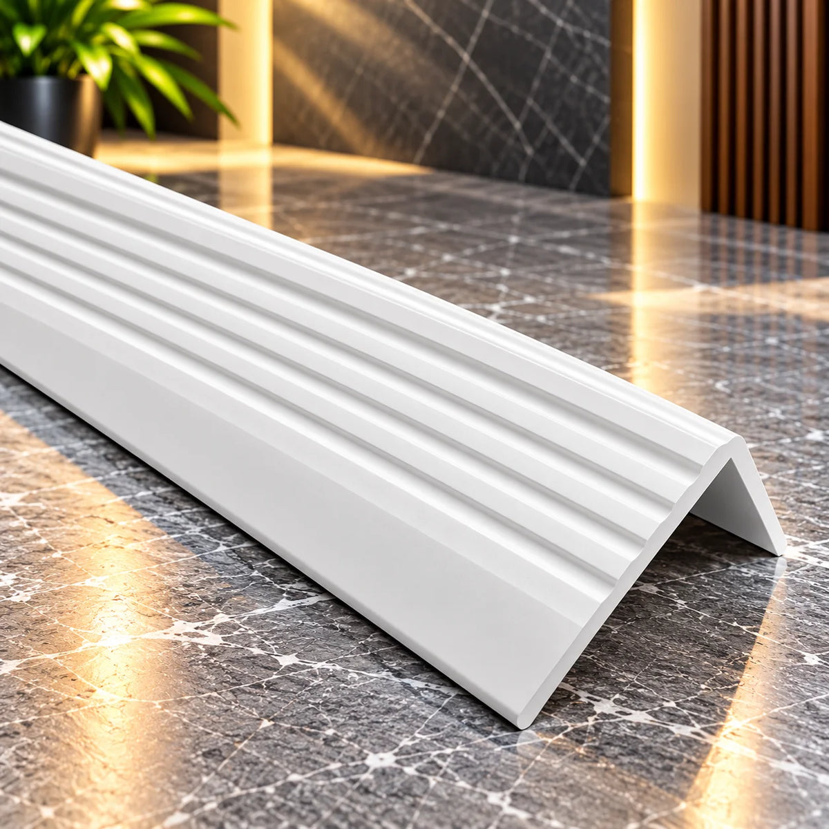 Flexible non-slip self-adhesive stair nosing profile suitable for residential and commercial staircases requiring additional grip and edge protection.
