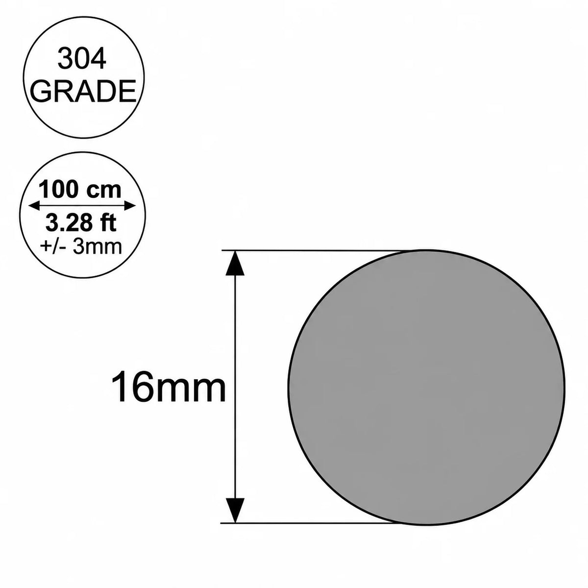 Grade 304 solid stainless steel round rod in diameters ranging from 3mm up to 20mm.