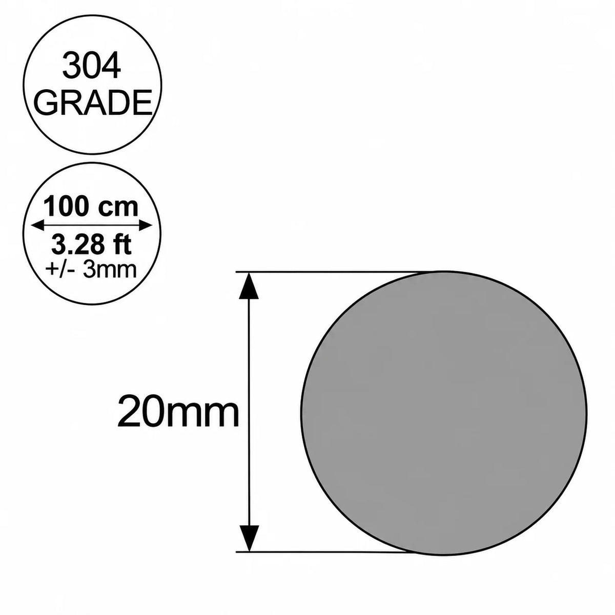 Durable 304 stainless steel solid round rod bar available in multiple diameter options.
