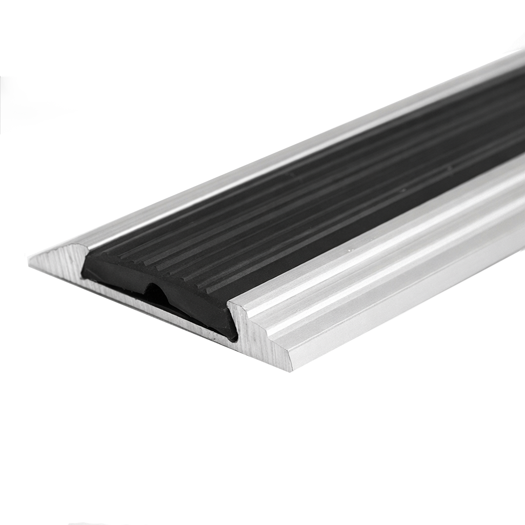 Silver A10 anodised aluminium flat non-slip threshold strip installed between two floor surfaces for added safety.