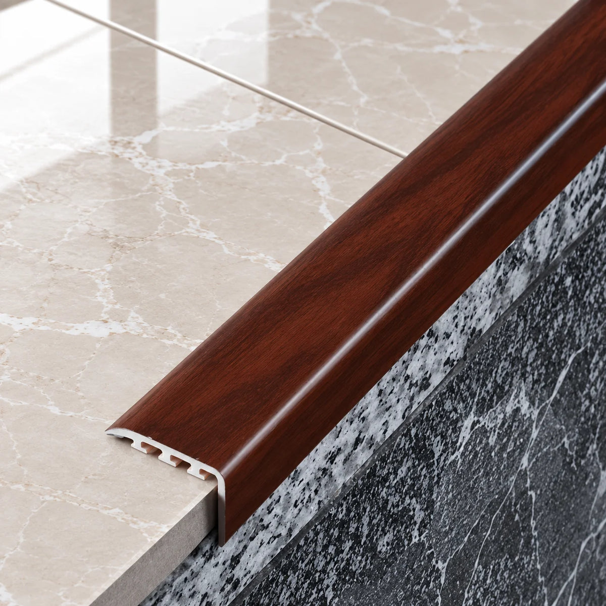 D-K0200 30x30mm Wood Effect PVC Stair Nosing Mahogany 7e