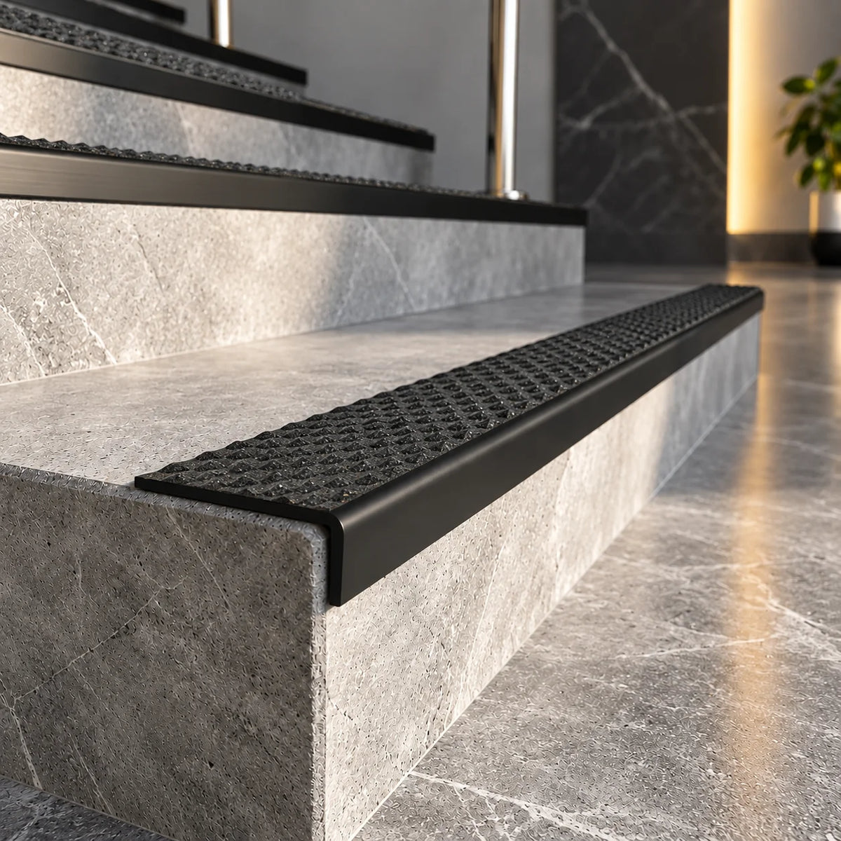 Professional 56x32.5mm PVC non-slip stair nosing featuring a slimline construction suitable for residential and commercial staircase applications.