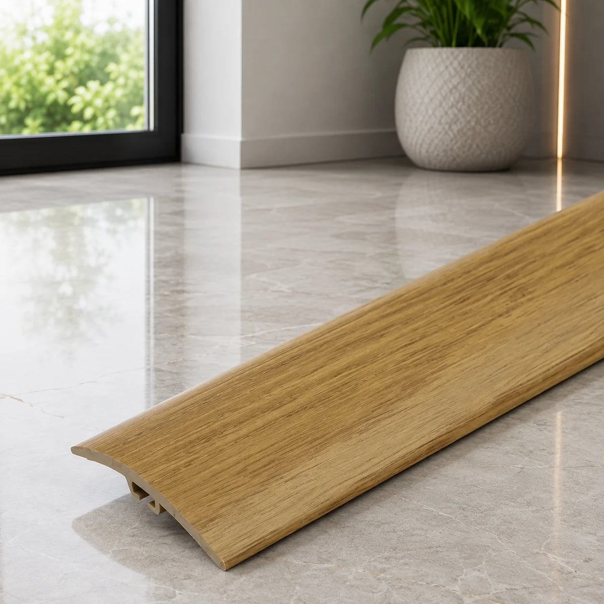 Durable 30mm wood effect PVC flooring transition threshold strip.