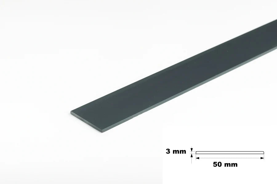 anthracite pvc plastic flat bar strip with dimensions 3mm x 50mm length on a white background