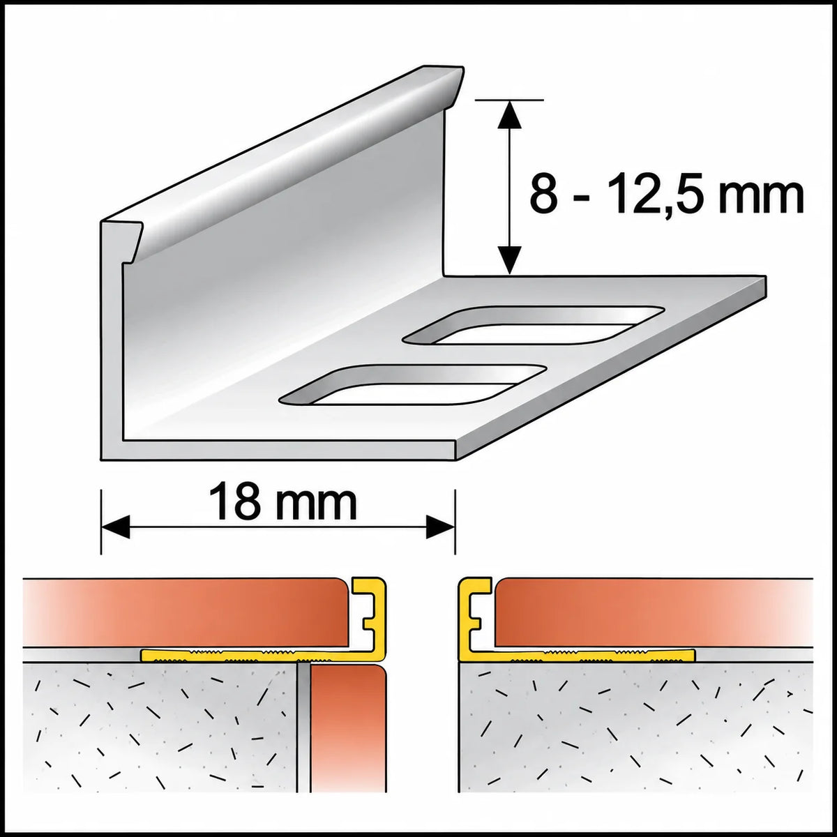 PVC Straight Edge Tile Trim 8mm, 10mm & 12.5mm – 2.5m Diagram