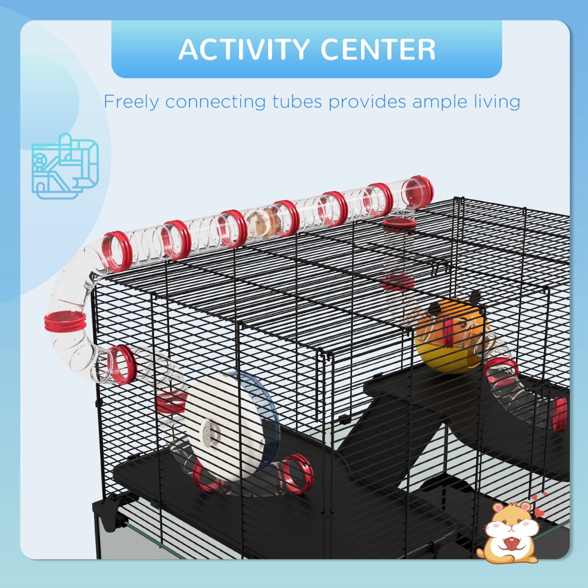 Pet cage with activity center and freely connecting tubes on a blue background